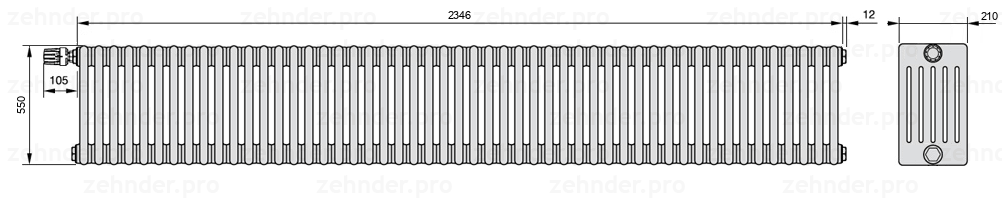 Схема (чертеж) Радиатор Zehnder Charleston 6055/51 №V012 Белый глянцевый RAL 9016
